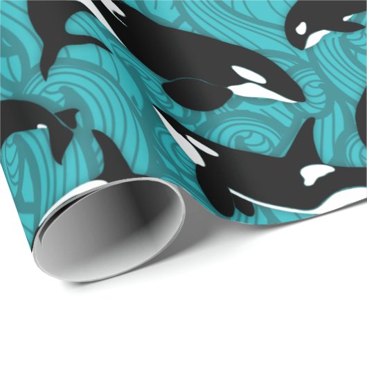 Papier Cadeau Orcas Killer Whales in the Ocean Patterned (Coin rond)