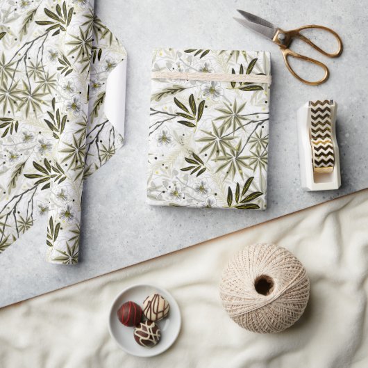 Papier Cadeau Orchidées blanches aux feuilles tropicaux d'olivie (Artisanat)