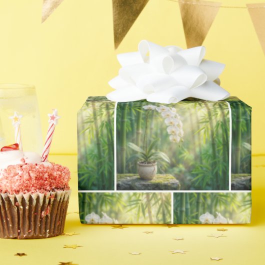 Papier Cadeau Orchidées blanches et forêt de bambou (Fête d'anniversaire)