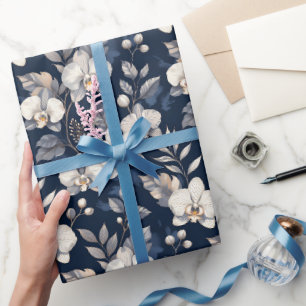 Papier Cadeau Orchidées Délicates sur Fond Nuit Profond — Luxe R