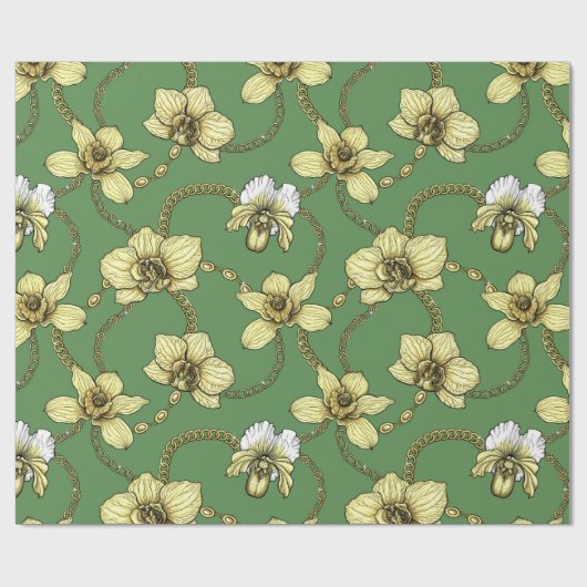 Papier Cadeau Orchidées et chaînes, jaune et vert kelly (Plat)