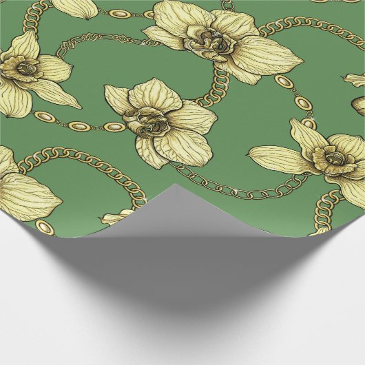 Papier Cadeau Orchidées et chaînes, jaune et vert kelly (Coin)