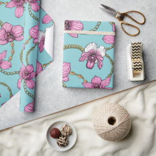 Papier Cadeau Orchidées et chaînes, roses et bleues