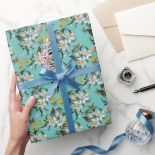 Papier Cadeau Orchidées Papillons Turquoise Botanique Toutes les