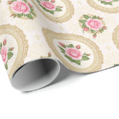 Papier Cadeau Ornate Gold Frame and Pink Roses (Coin rond)