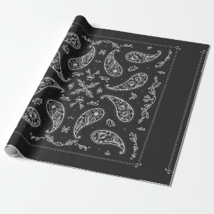 Papier Cadeau Ornement Bandana noir et blanc Paisley Imprimer. V