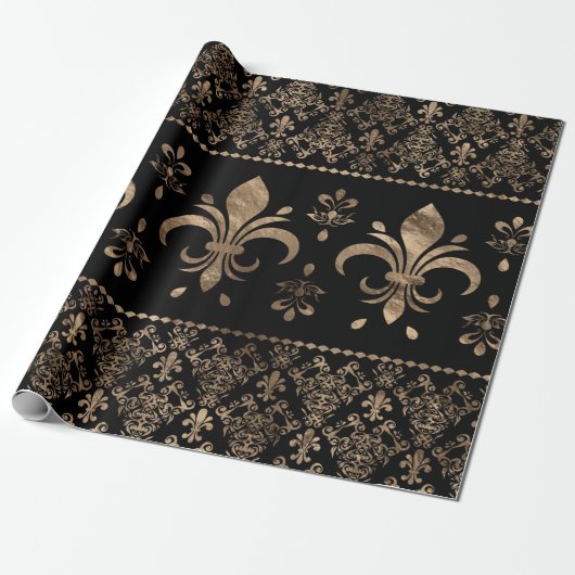Papier Cadeau Ornement de luxe en noir et or Fleur de lis (Déroulé)