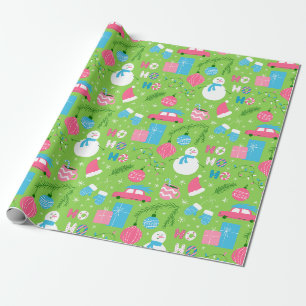 Papier Cadeau Ornement de Noël Bonhomme de Neige Vert Rose Bleu