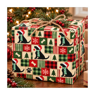 Papier Cadeau Ornement de Noël Patchwork Labrador Noir Élégant