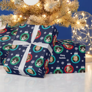 Papier Cadeau Ornement de Noël photo rouge vert Navy moderne