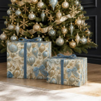 Papier Cadeau Ornement de Noël vintage bébé bleu et or de luxe