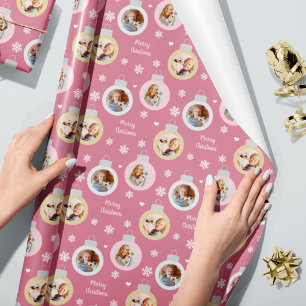 Papier Cadeau Ornement de photo rose élégant Joyeux Noël