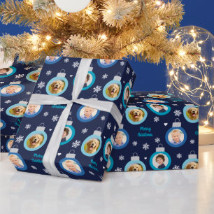 Papier Cadeau Ornement photo bleu marine moderne Joyeux Noël