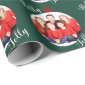 Papier Cadeau Ornement photo de Noël + Vert texte (Coin rond)