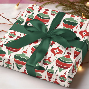 Papier Cadeau Ornements Boules de Noël Rouge Vert Rétro