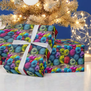 Papier Cadeau Ornements brillants de Noël Bleu Vert Rouge Rose