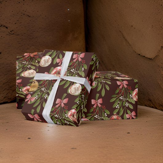 Papier Cadeau Ornements Brown Bow Mistletoe Holly