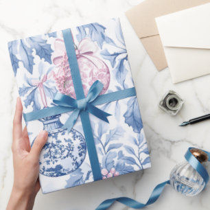 Papier Cadeau ornements de Noël bleu doux toile rose