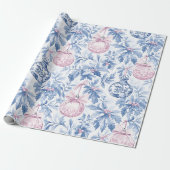 Papier Cadeau ornements de Noël bleu doux toile rose (Déroulé)