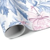 Papier Cadeau ornements de Noël bleu doux toile rose (Coin rond)