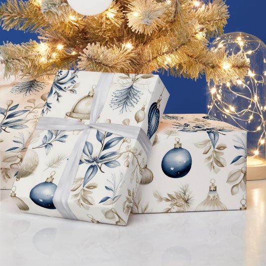 Papier Cadeau Ornements de Noël bleu et beige (Vacances)