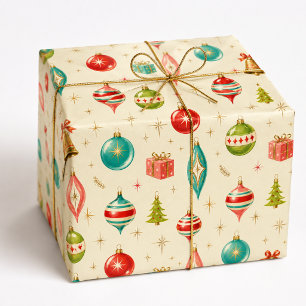 Papier Cadeau Ornements de Noël colorés rétro des années 1950