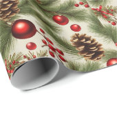Papier Cadeau Ornements de Noël, Cônes de pin, Branches de pin (Coin rond)