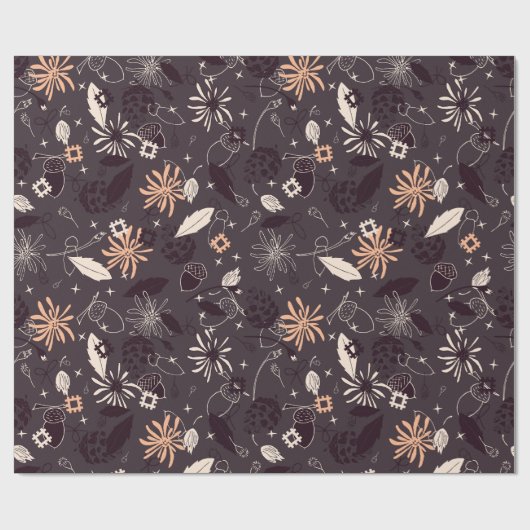 Papier Cadeau Ornements de Noël, cônes, glands sur gris foncé (Plat)