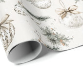 Papier Cadeau Ornements de Noël Crème Chic (Coin rond)