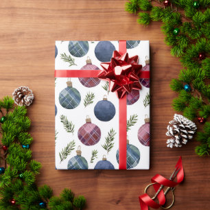 Papier Cadeau Ornements de Noël de campagne bleus rouges