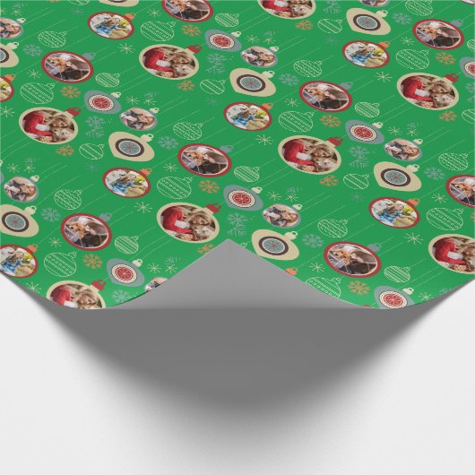 Papier Cadeau Ornements de Noël Elégant visage personnalisé vert (Coin)