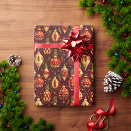 Papier Cadeau Ornements de Noël en Or Branches de Pin