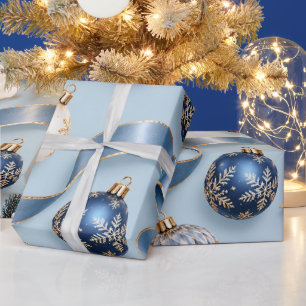 Papier Cadeau Ornements de Noël en Saphir Bleu Glacé
