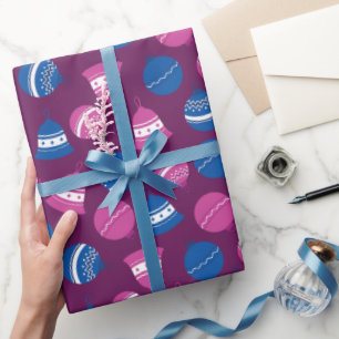 Papier Cadeau Ornements de Noël intemporels rose et bleu rétro