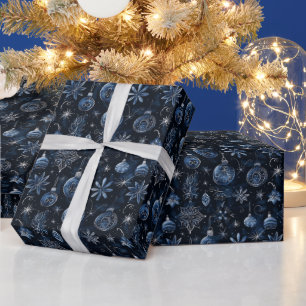 Papier Cadeau Ornements de Noël Lumières Floral Bleu Noël