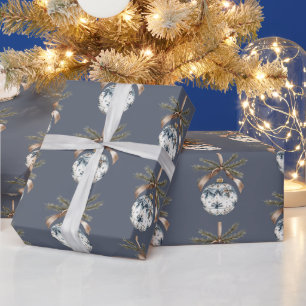 Papier Cadeau Ornements de Noël Or Champagne Blanc Bleu