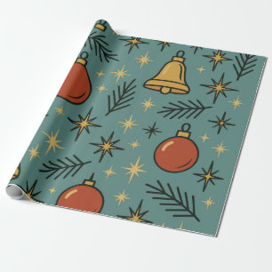 Papier Cadeau Ornements de Noël Rétro Motif Cloches et Étoiles