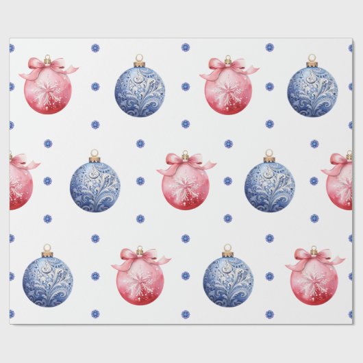 Papier Cadeau Ornements de Noël rose et bleu sur blanc (Plat)