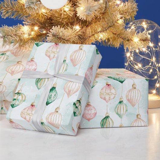 Papier Cadeau Ornements de Noël Rose Pâle Vert (Vacances)