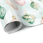 Papier Cadeau Ornements de Noël Rose Pâle Vert (Coin rond)