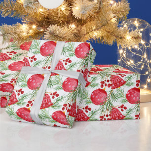 Papier Cadeau Ornements de Noël rouge aquarelle, branches de sap