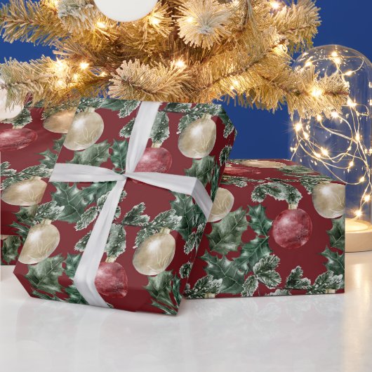Papier Cadeau Ornements de Noël rouge et blanc et verdure (Vacances)