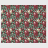 Papier Cadeau Ornements de Noël rouge et blanc et verdure (Plat)
