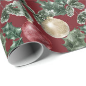 Papier Cadeau Ornements de Noël rouge et blanc et verdure (Coin rond)