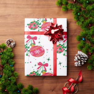 Papier Cadeau Ornements de Noël Rouges Rétro Modernes
