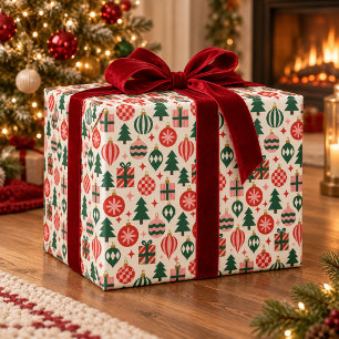 Papier Cadeau Ornements de Noël Rouges & Verts Retro