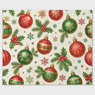 Papier Cadeau Ornements de Noël vintage & motif de houx – Rouge