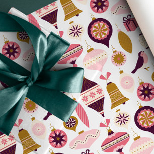 Papier Cadeau Ornements de Noël vintage rose, violet et or