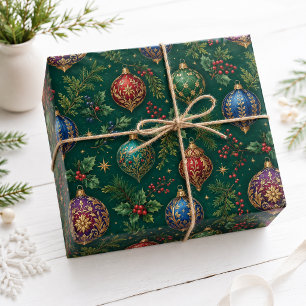 Papier Cadeau Ornements de Noël vintage ton émeraude