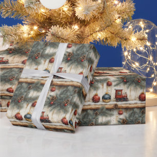 Papier Cadeau Ornements de train de Noël vintage Branches de pin